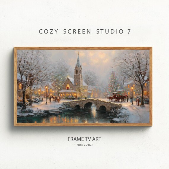 Snowy Christmas Village Church Bridge Cozy Winter Painting Poster