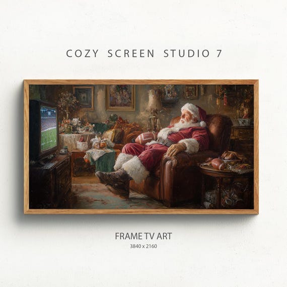 Santa Watching Football Frame Tv Art Funny Christmas Painting