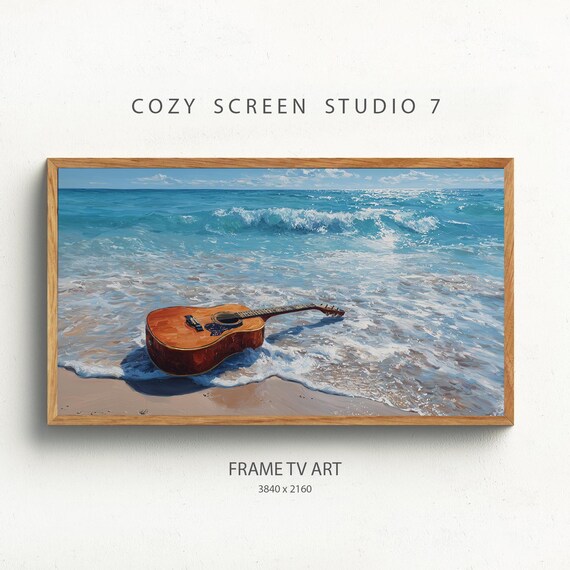 Acoustic Guitar On Beach Frame Tv Art Tropical Decor