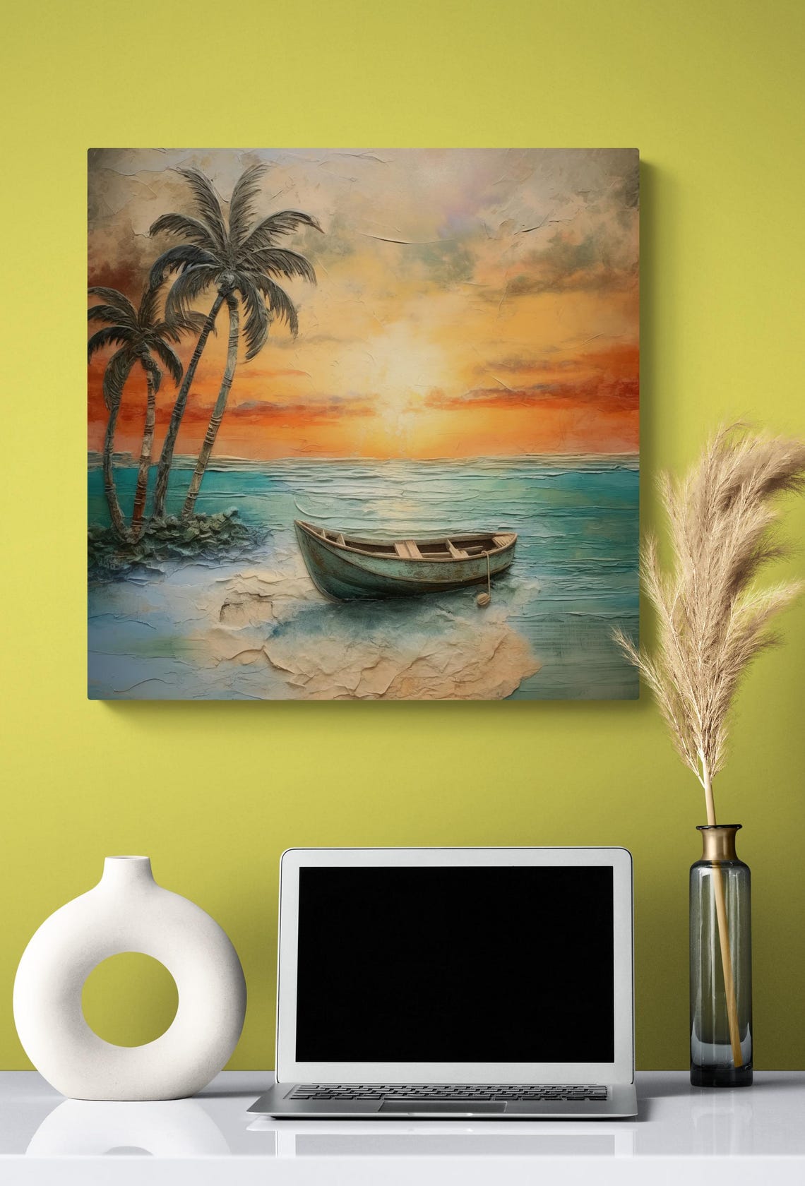 Tropical Beach Sunset with Boat and Palm Trees Coastal Poster - Image 4
