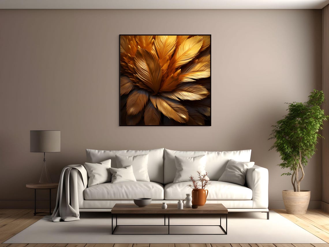 Golden Feather Luxury Abstract Art Poster in Warm Boho Gold Tones - Image 3
