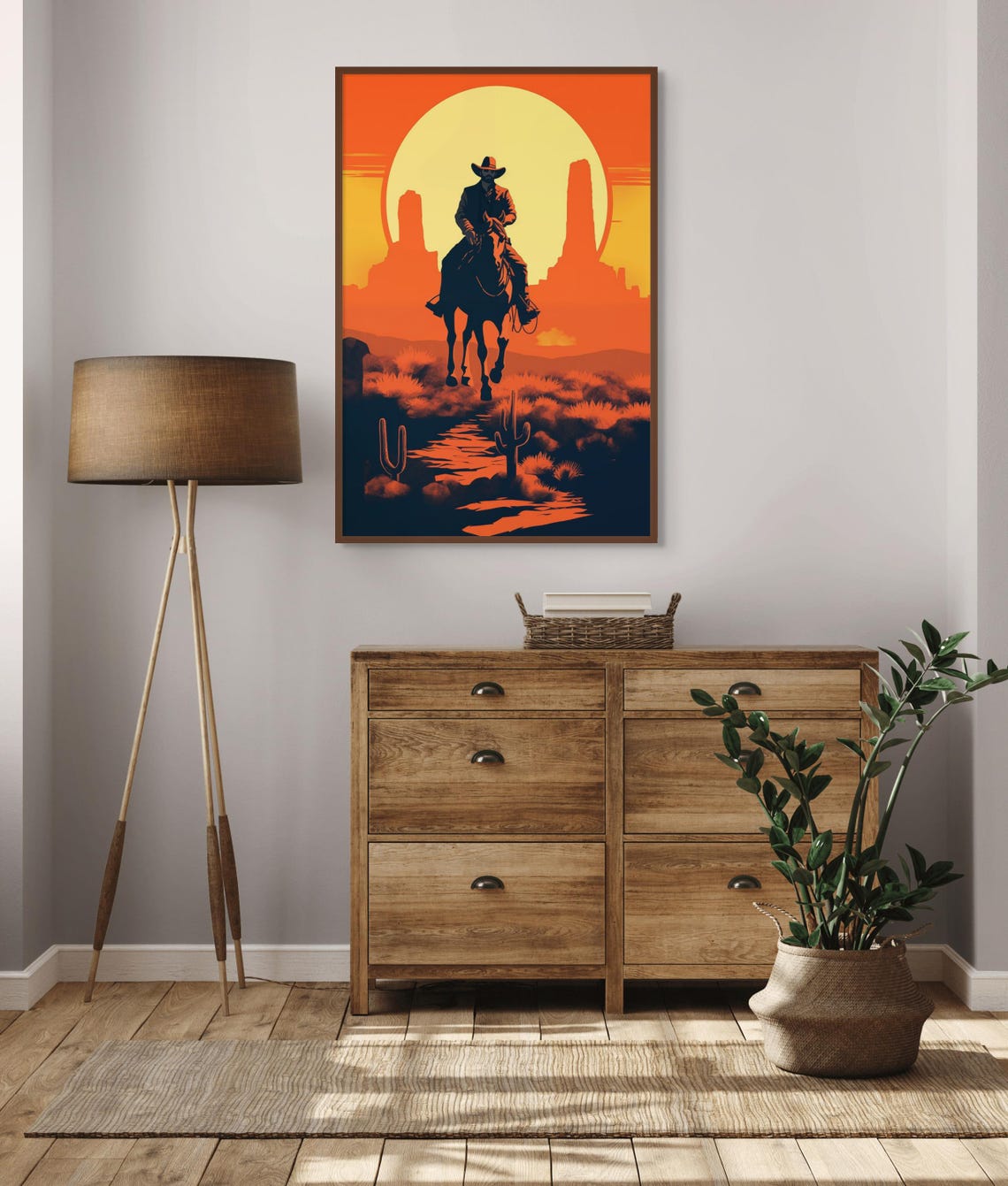 Cowboy on Horseback Sunset Silhouette Western Desert Art Poster - Image 2