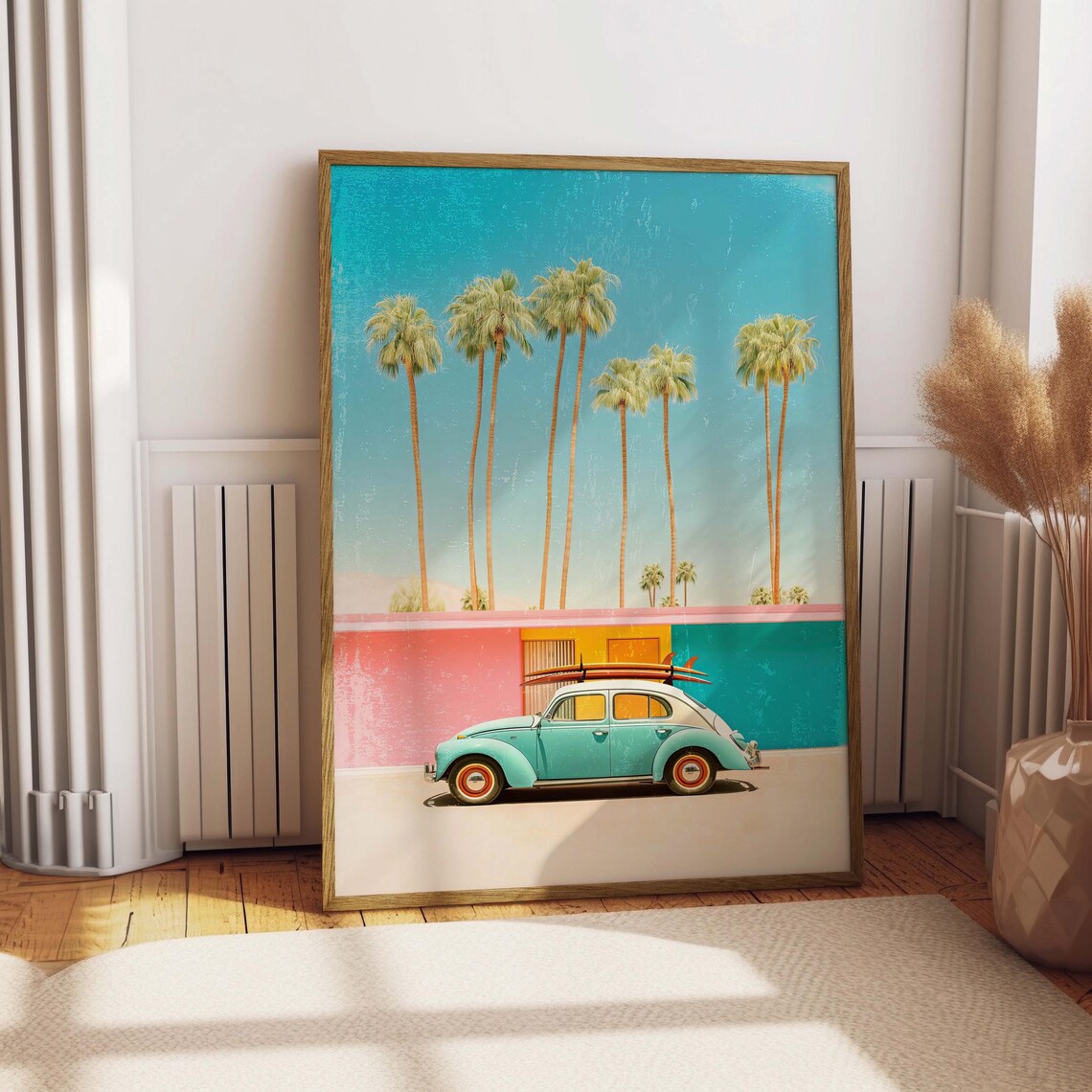 Retro Car Palm Tree Art Print, Vintage Surf Vibe