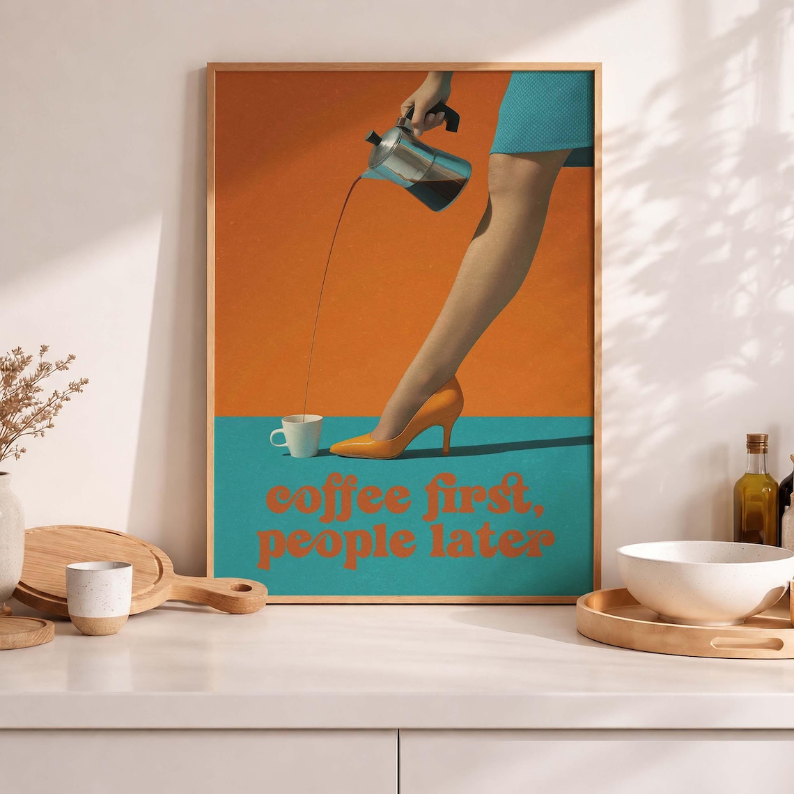 Coffee First Funny Retro Kitchen Art Print