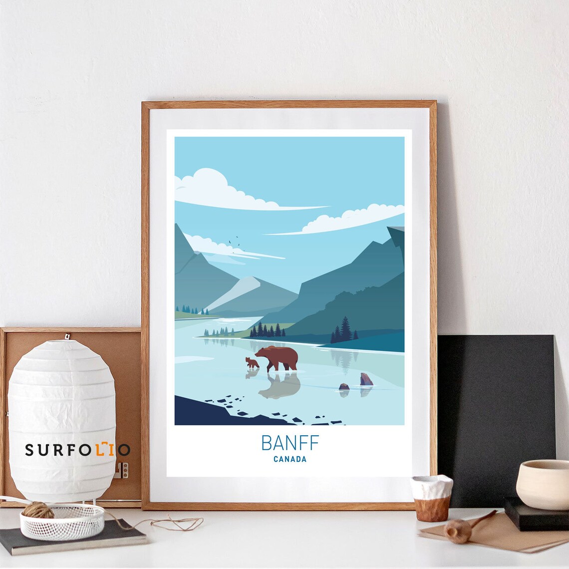 Banff Canada Mountain Lake Travel Poster With Bear and Cub Wildlife Art