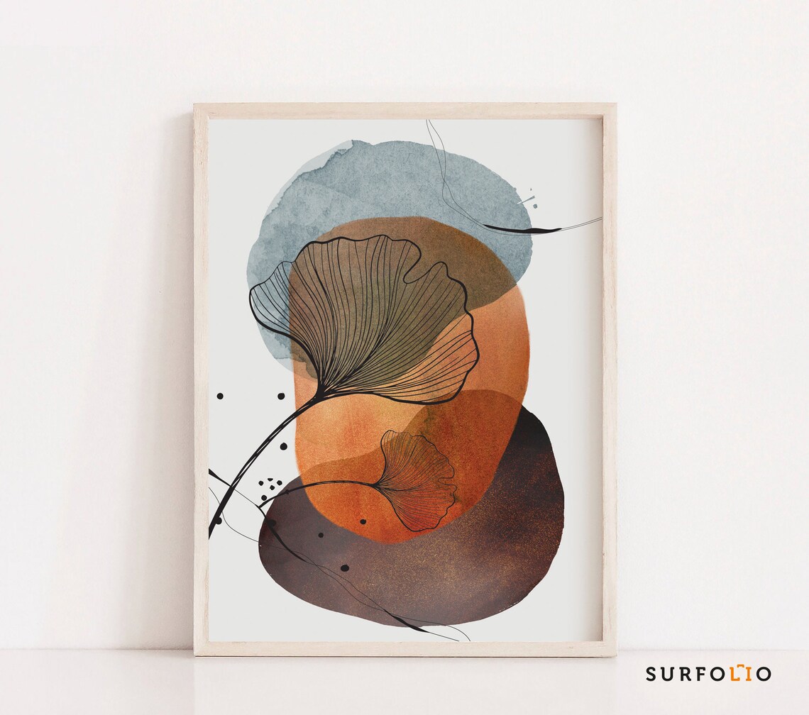 Ginko Leaf Line Art Print, Abstract Boho Botanical