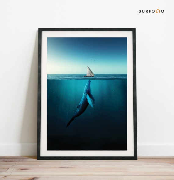 Blue Whale Sailboat Ocean Art Print