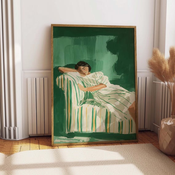 Emerald Green Woman On Couch Illustration Striped Sofa Wall Art Digital Download