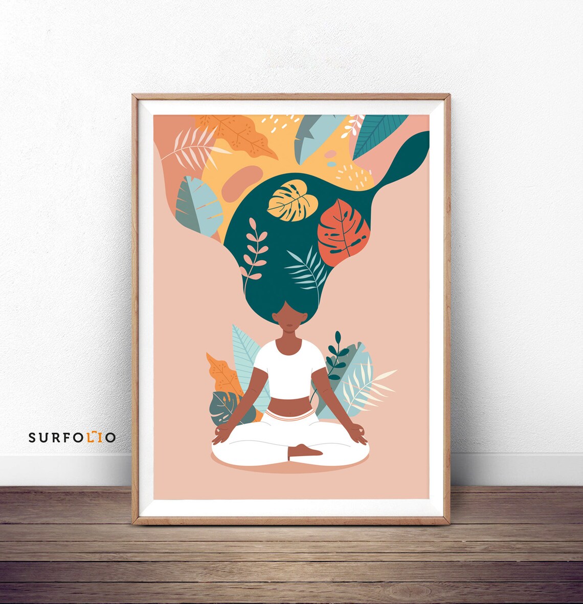 Abstract Yoga, Meditating Woman Tropical Leaves