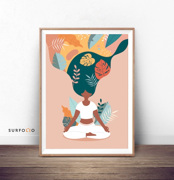 Abstract Yoga, Meditating Woman Tropical Leaves