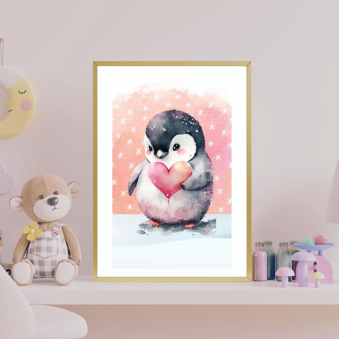 Cute Baby Penguin Holding Heart Winter Watercolor Nursery Print - Image 3