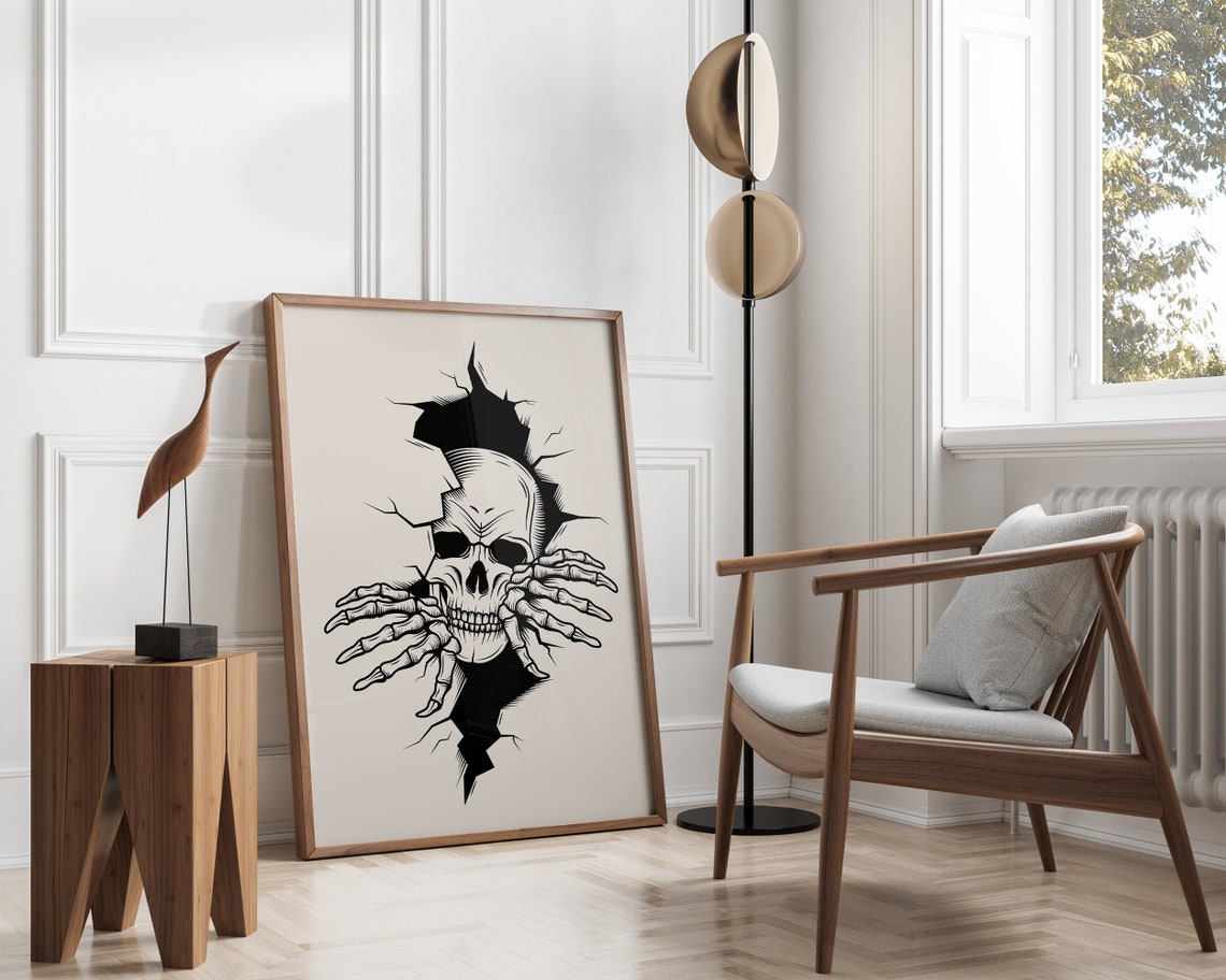 Cracked Wall Skull Tattoo Style Creepy Halloween Skeleton Art Poster - Image 3