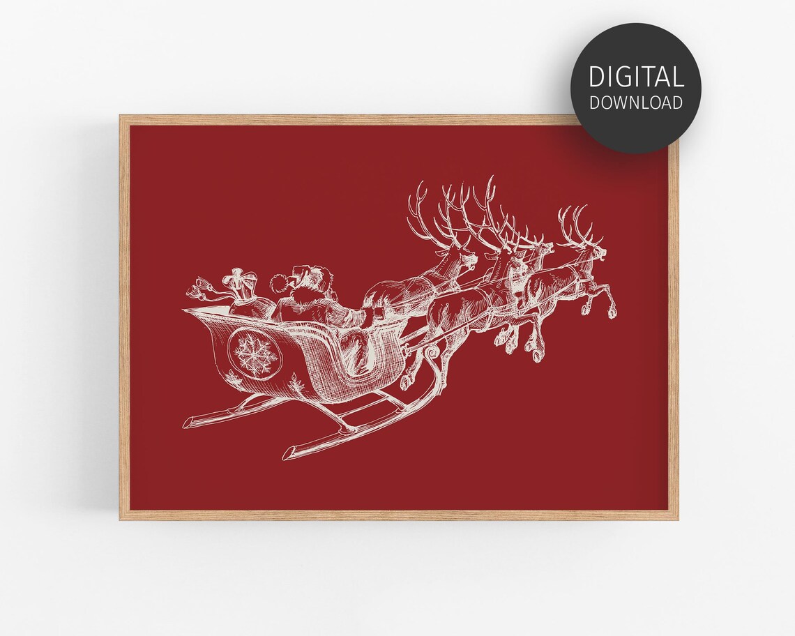 Santa Sleigh Reindeer Night Line Art Red Vintage Christmas Poster