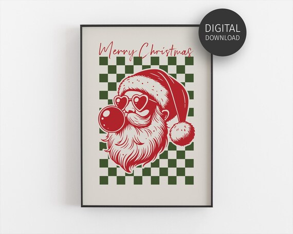 Santa Blowing Gum Retro Christmas Poster