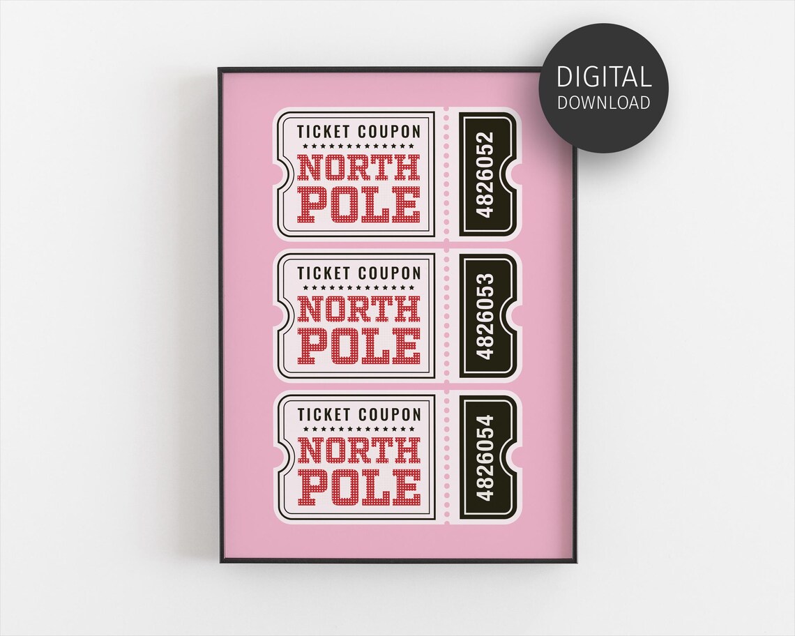 North Pole Ticket Coupon Pink Vintage Christmas Holiday Art Poster