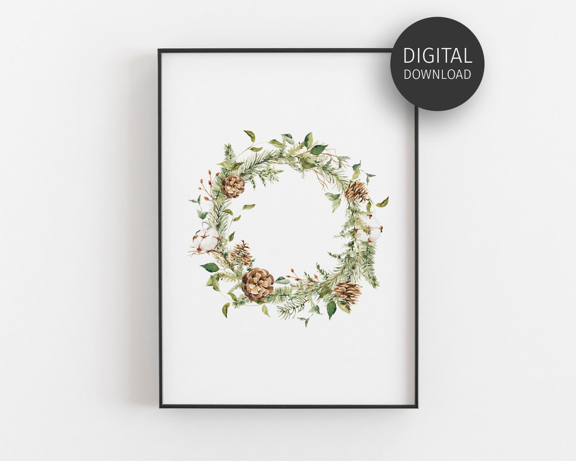 Watercolor Christmas Wreath Pinecones Cotton Botanical Holiday Print