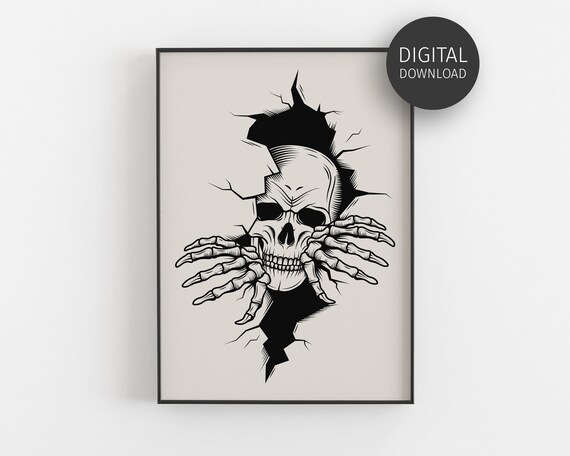 Cracked Wall Skull Tattoo Style Creepy Halloween Skeleton Art Poster