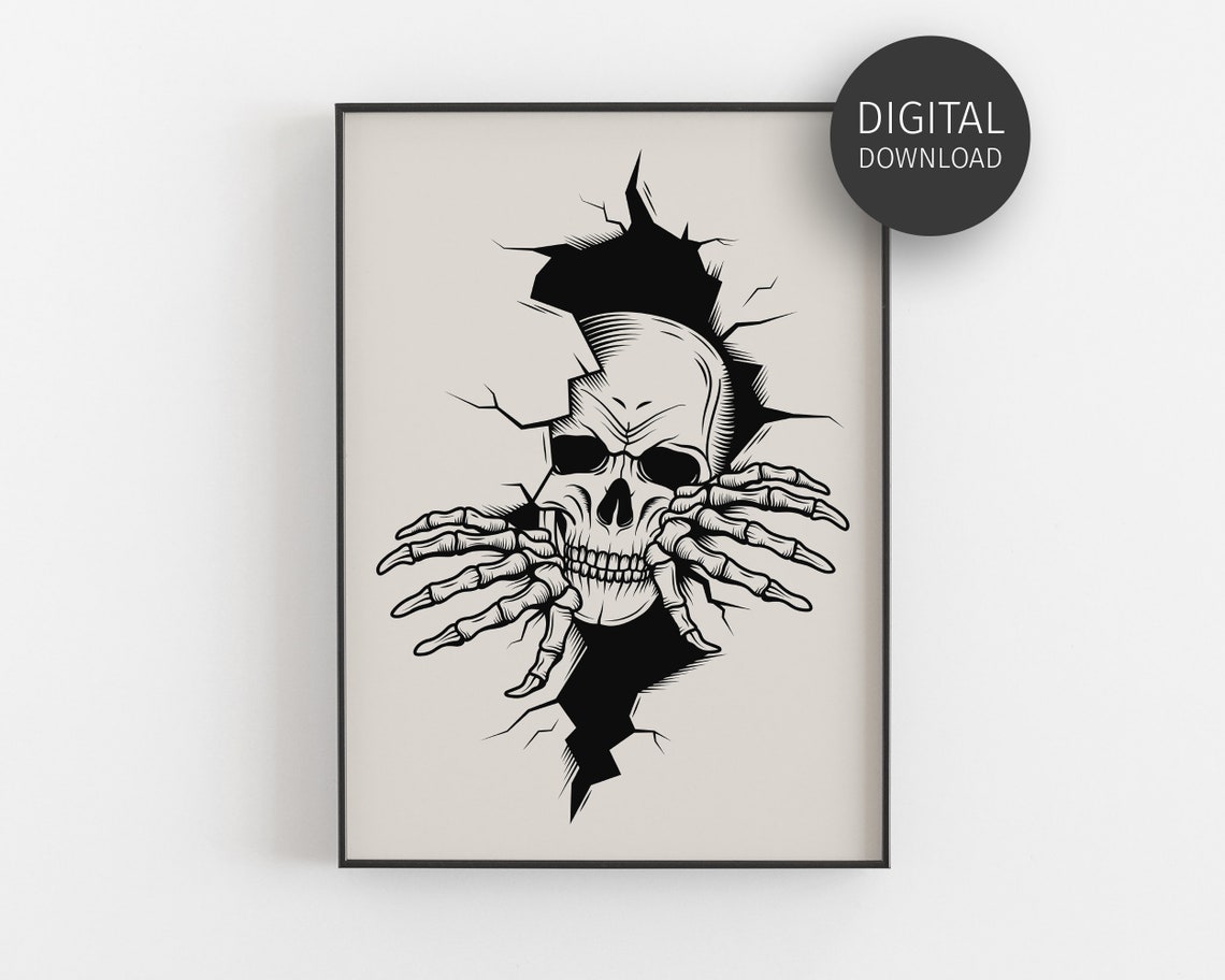 Cracked Wall Skull Tattoo Style Creepy Halloween Skeleton Art Poster