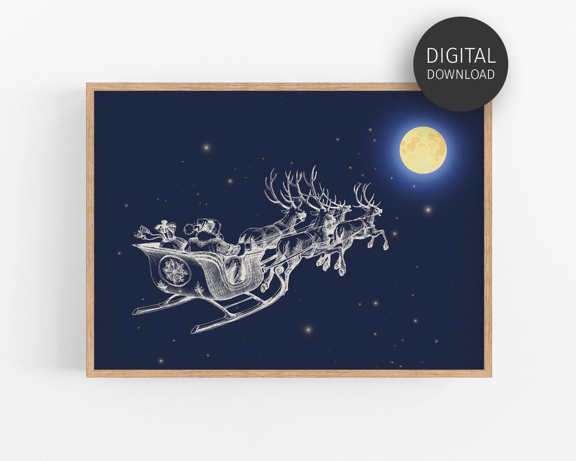 Santa Sleigh Reindeer Night Sky Line Art Vintage Christmas Poster