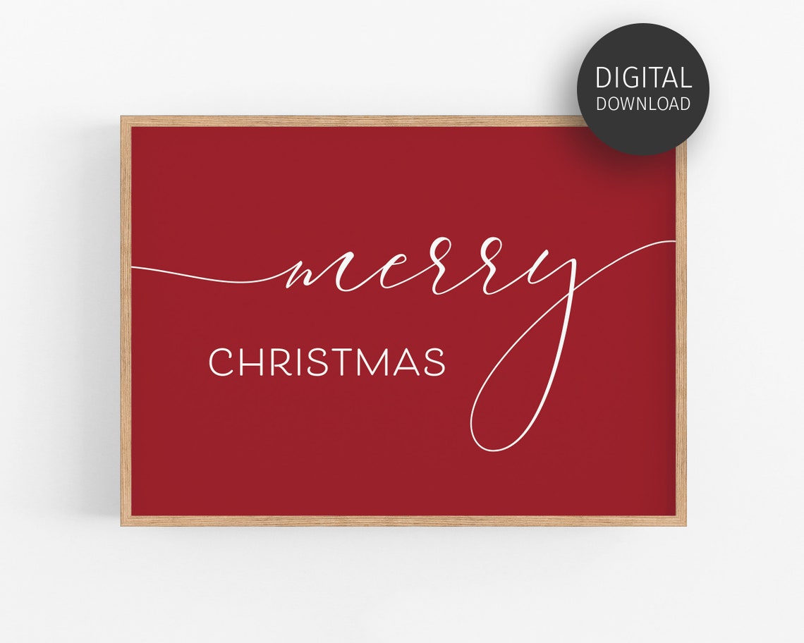 Merry Christmas Script Red Holiday Typography Landscape Art Poster
