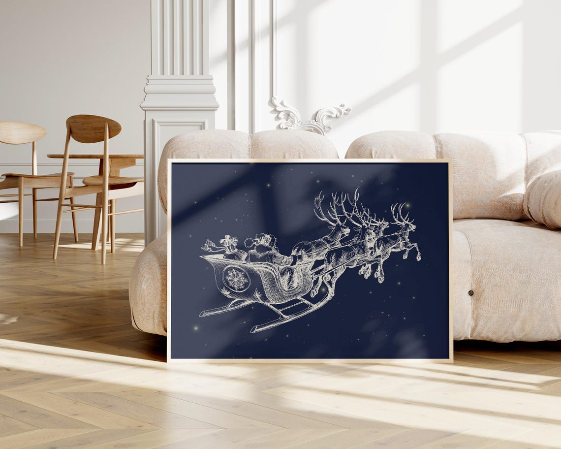 Santa Sleigh Reindeer Starry Night Line Art Christmas Poster - Image 3