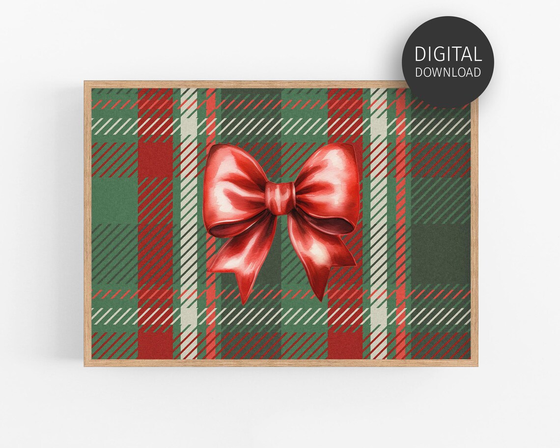 Red Satin Bow Plaid Tartan Watercolor Christmas Holiday Art Poster