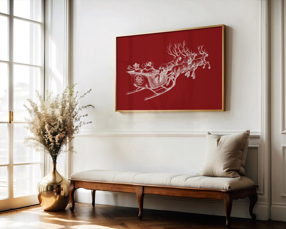 Santa Sleigh Reindeer Night Line Art Red Vintage Christmas Poster - Image 3