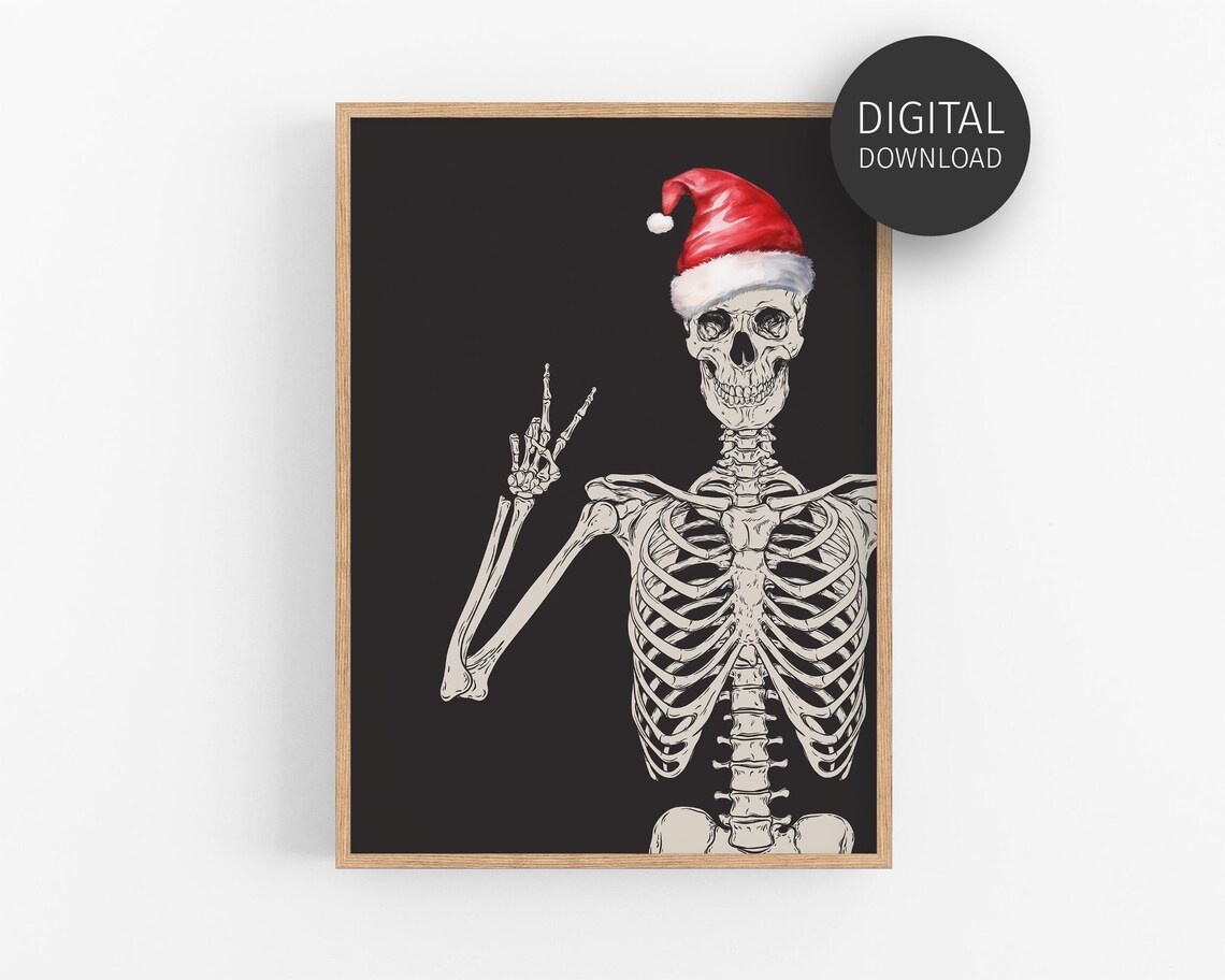 Christmas Skeleton With Santa Hat Poster, Goth Decor