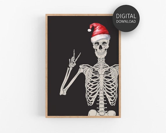 Christmas Skeleton With Santa Hat Poster, Goth Decor