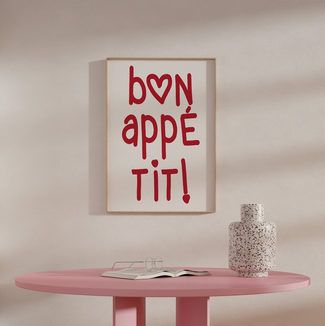 Bon Appetit Red Heart Typography Playful French Kitchen Decor Print