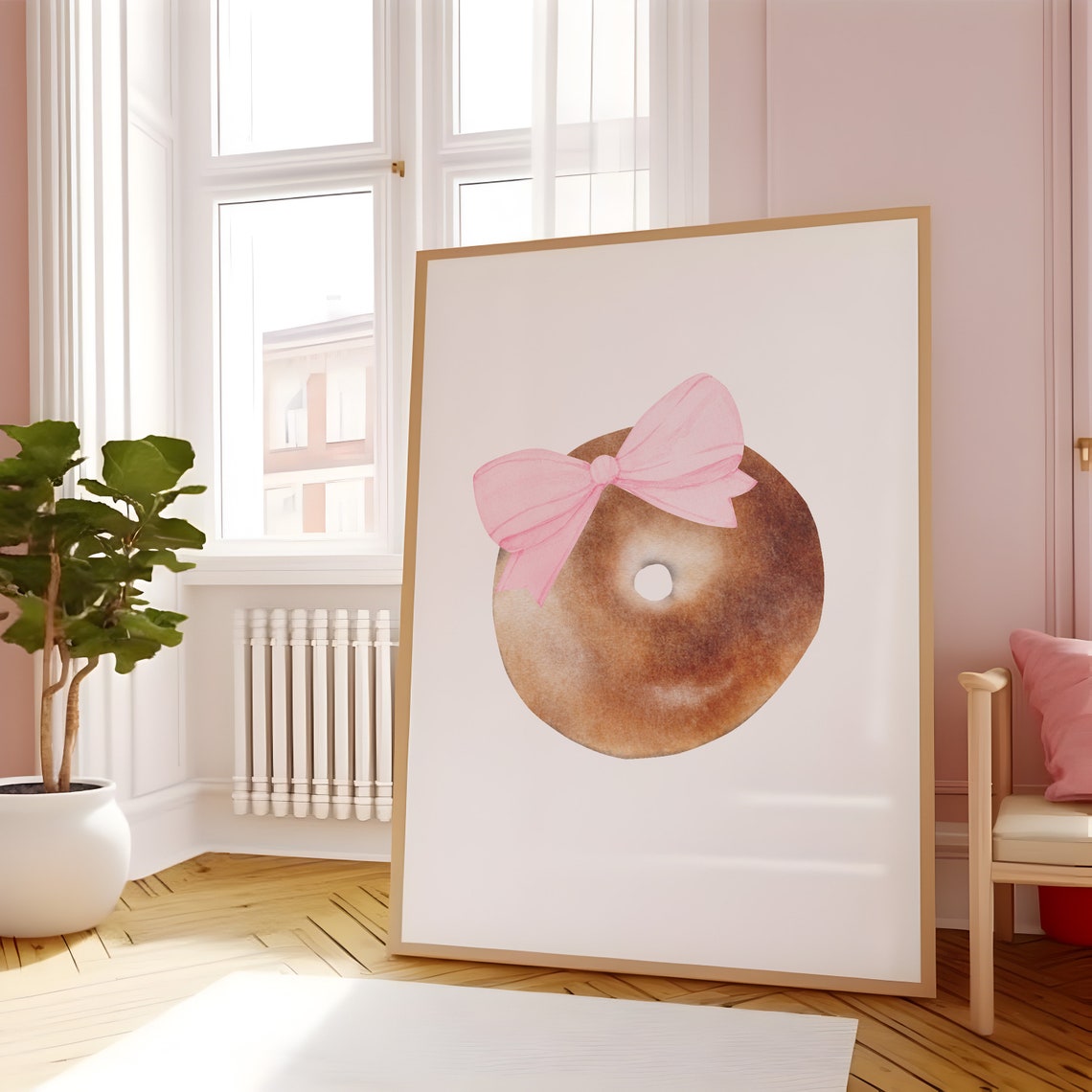 Watercolor Bagel with Pink Bow Coquette Kitchen Wall Decor Poster - Image 4