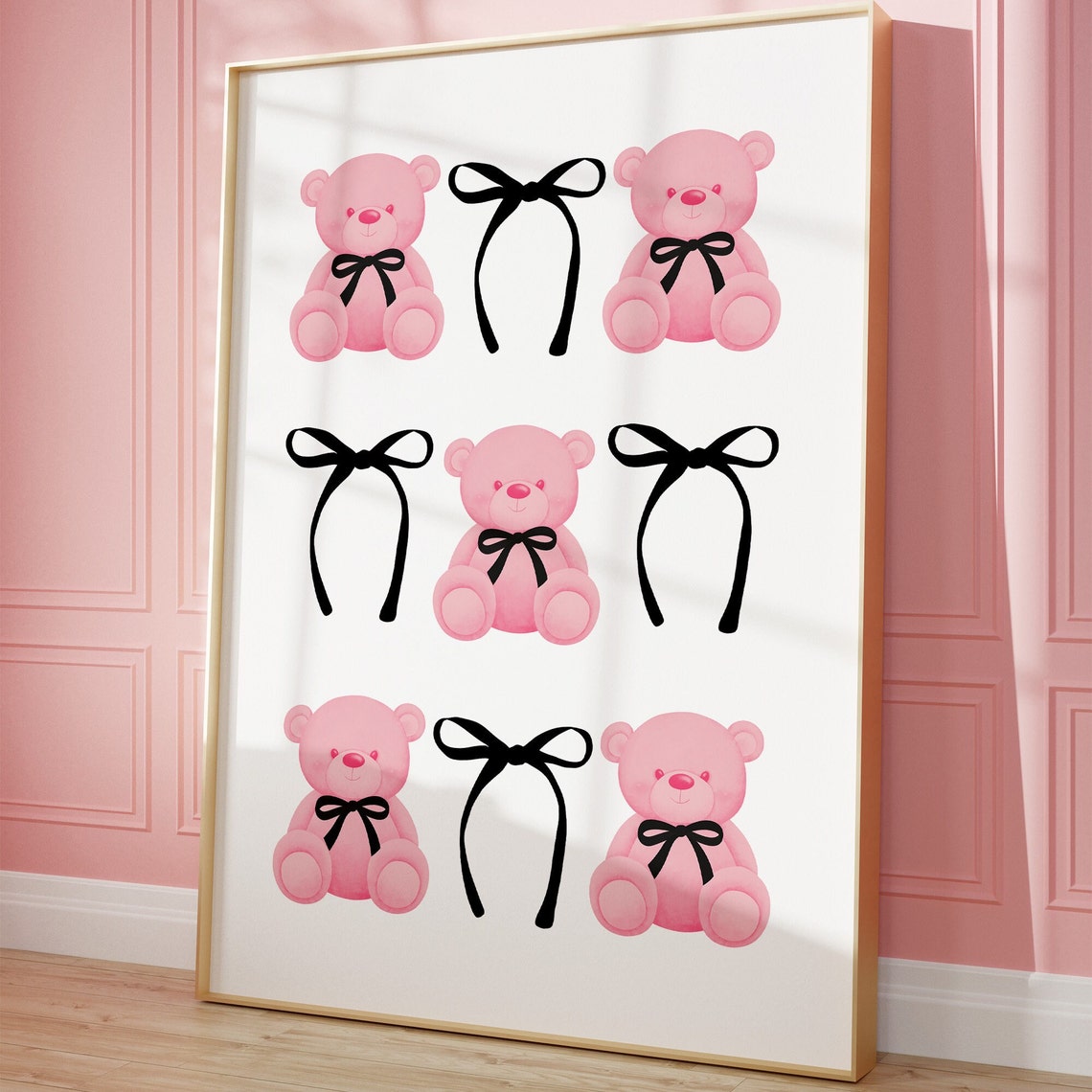 Pink Teddy Bears With Black Bows Coquette Cute Nursery Art Poster - Image 3