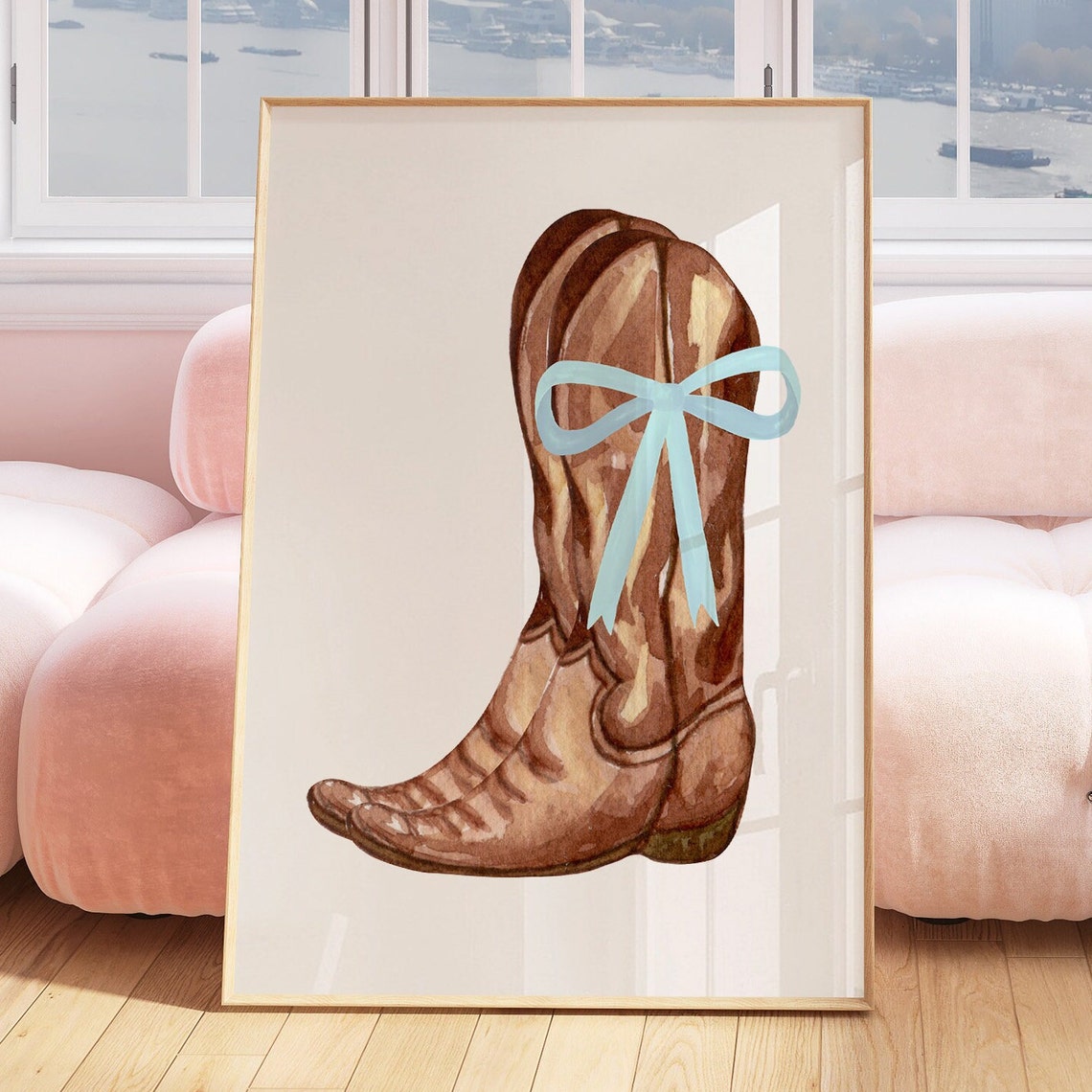 Single Cowgirl Boot With Blue Bow Coquette Western Room Decor Poster