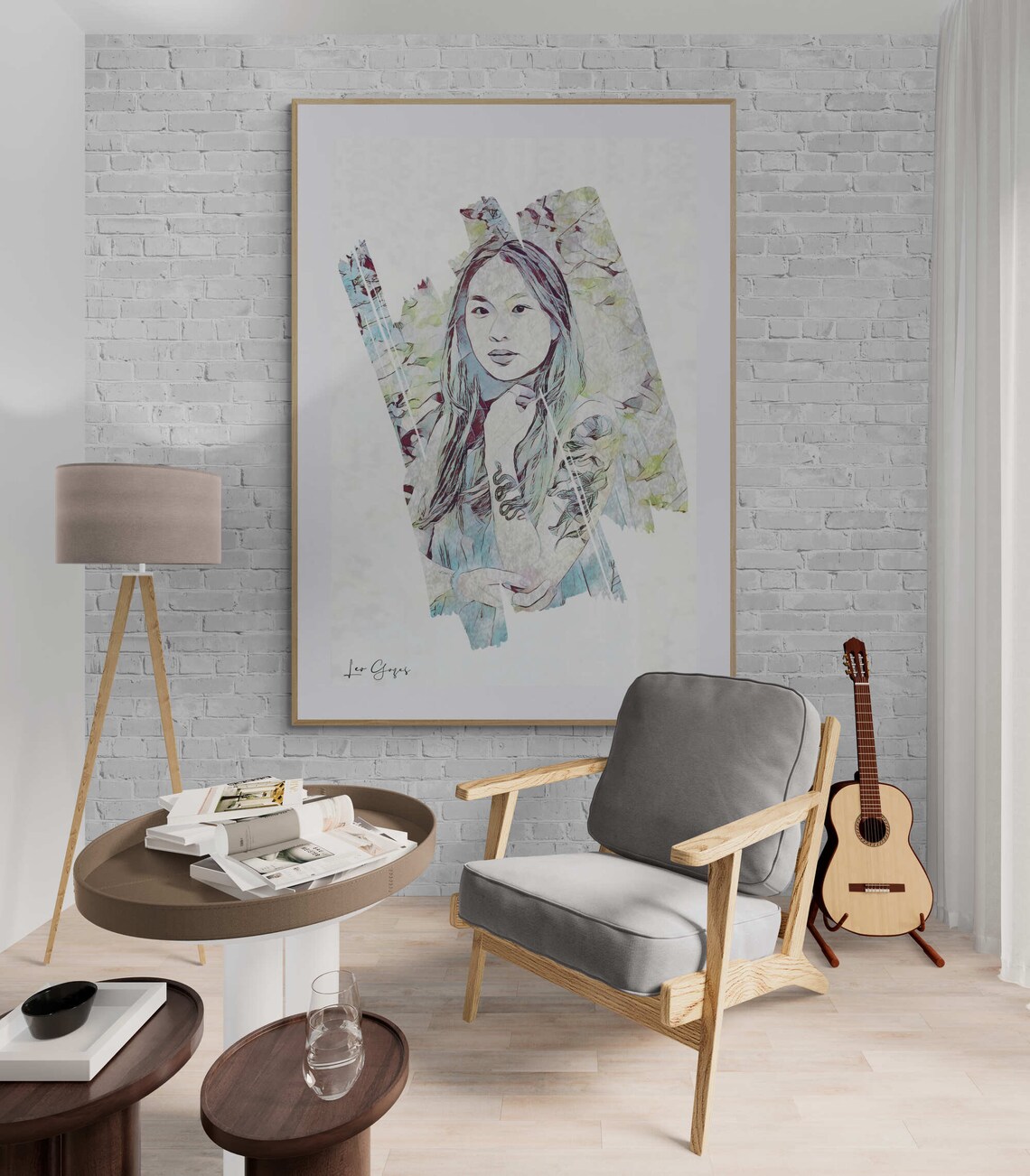 Tattooed Asian Woman Floral Modern Watercolor Art Portrait Poster