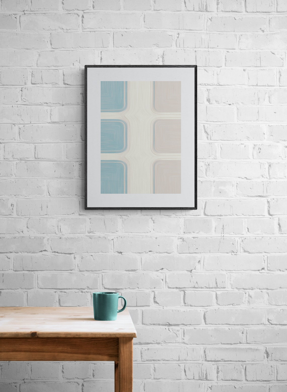 Blue and Beige Geometric Rounded Square Mid Century Art Print - Image 5