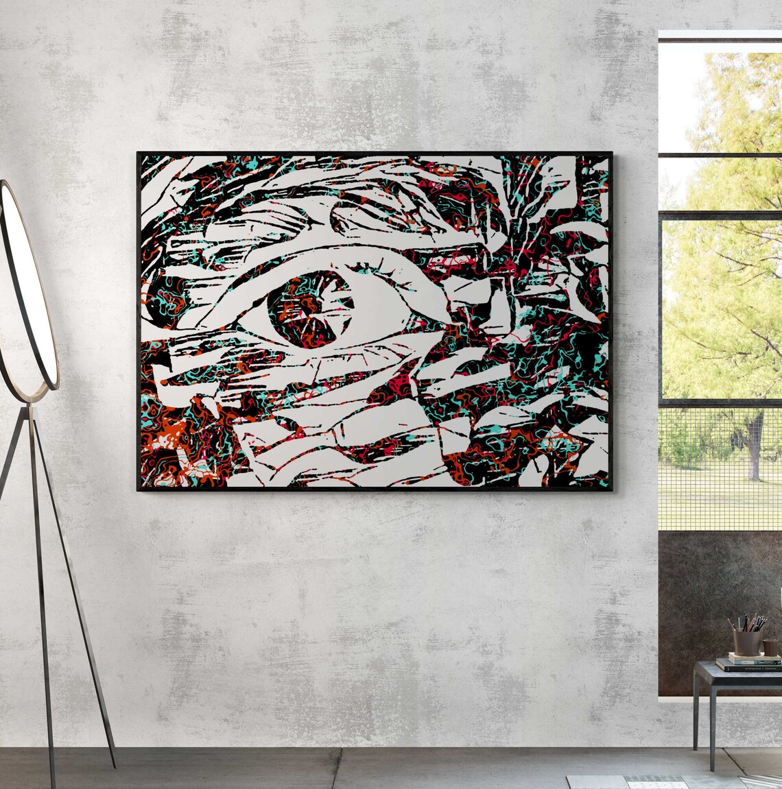 Close Up Eye in Black White with Teal Red Marble Accents Poster - Image 6