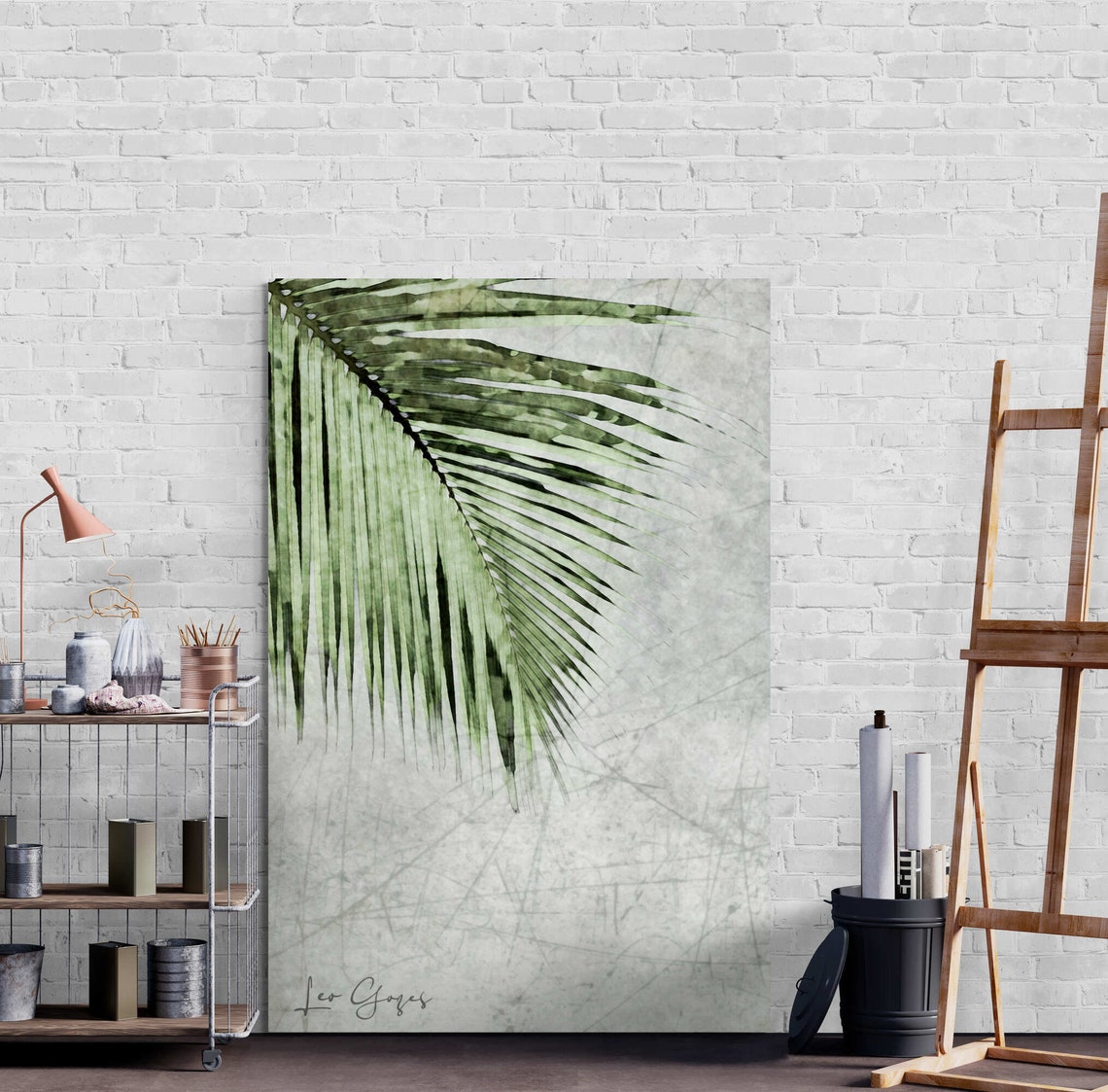 Green Palm Frond Botanical Study on a Textured Gray Art Print - Image 5