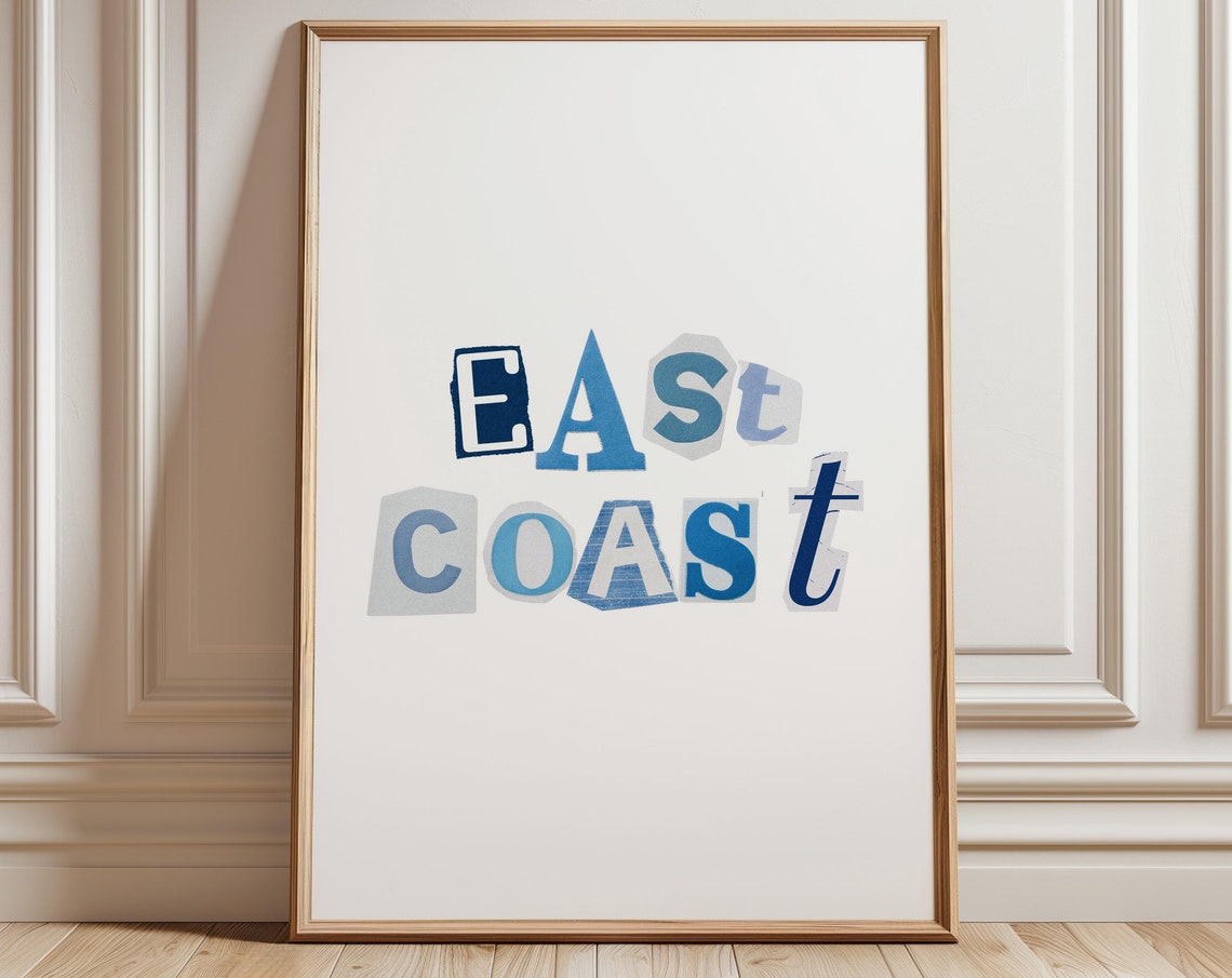 East Coast Blue Collage Letters Beach House Typography Poster