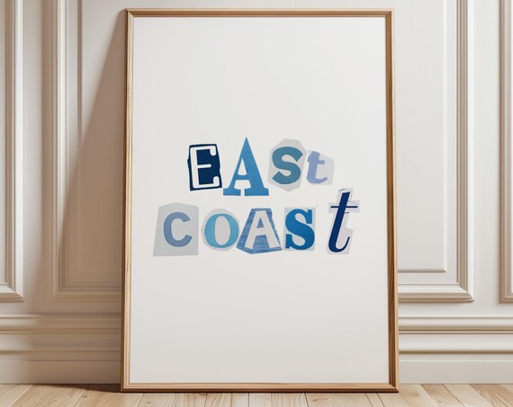 East Coast Blue Collage Letters Beach House Typography Poster