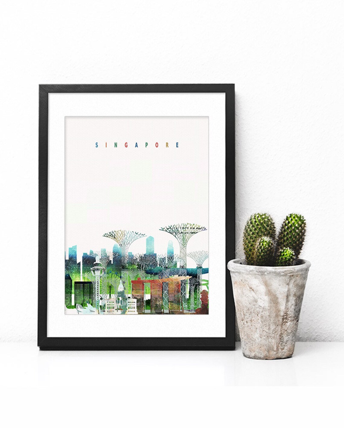 Singapore Supertree Marina Bay Watercolor Skyline Art Poster - Image 2