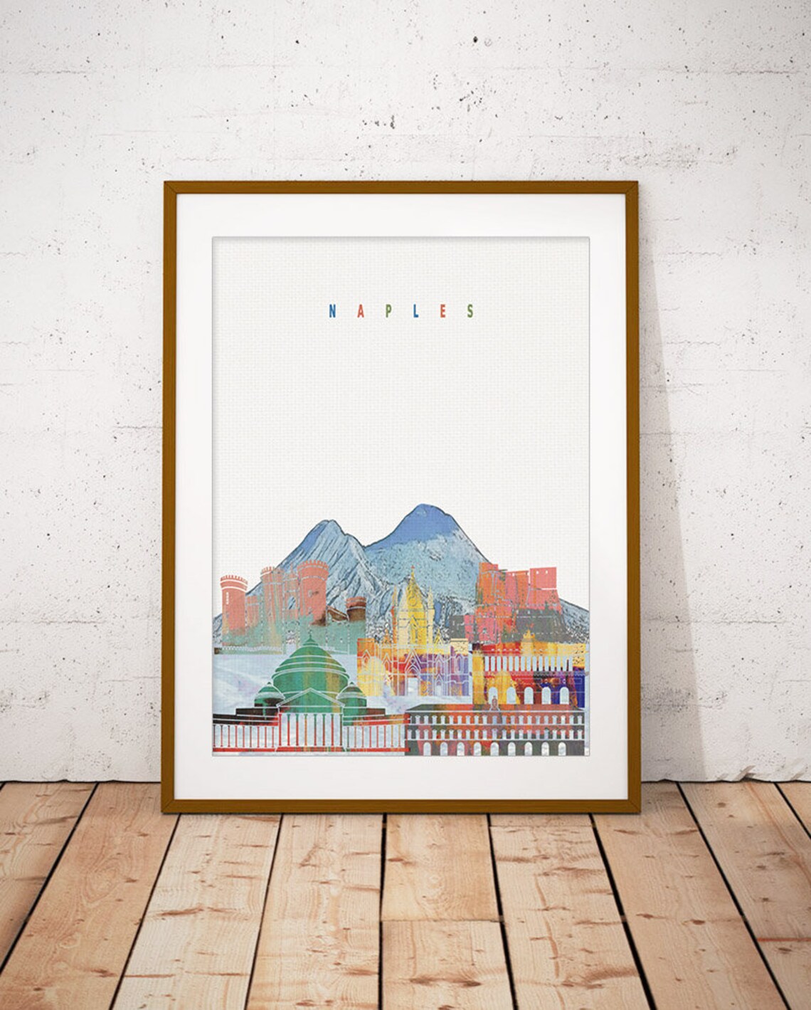 Naples Italy Mount Vesuvius Bay Watercolor Skyline Poster Art