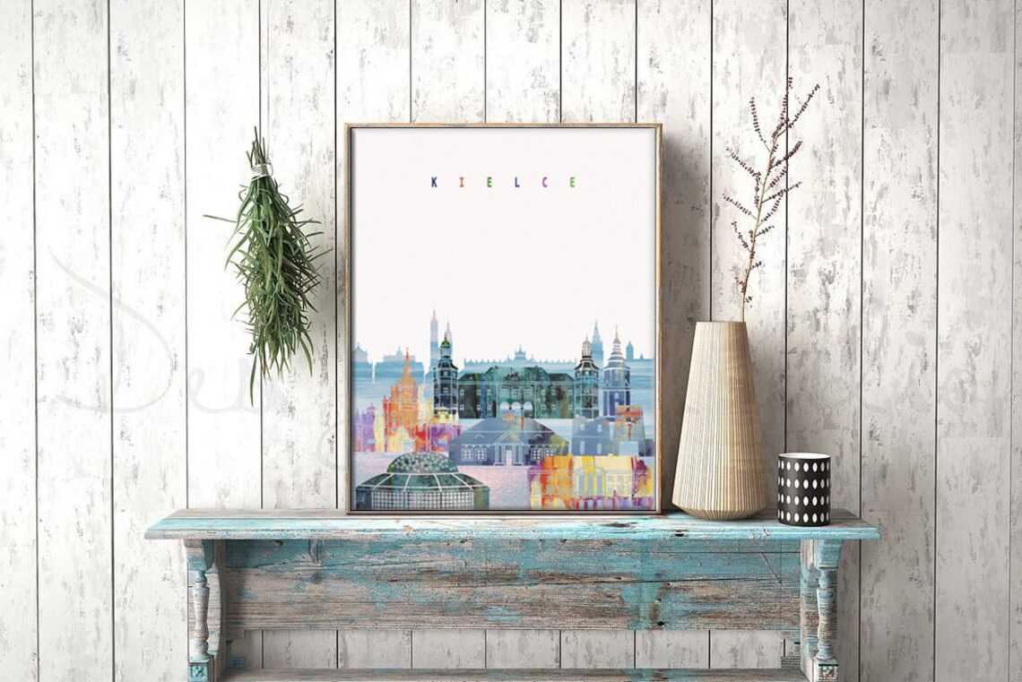 Kielce Poland Colorful Watercolor Cathedral Skyline Art Poster - Image 2