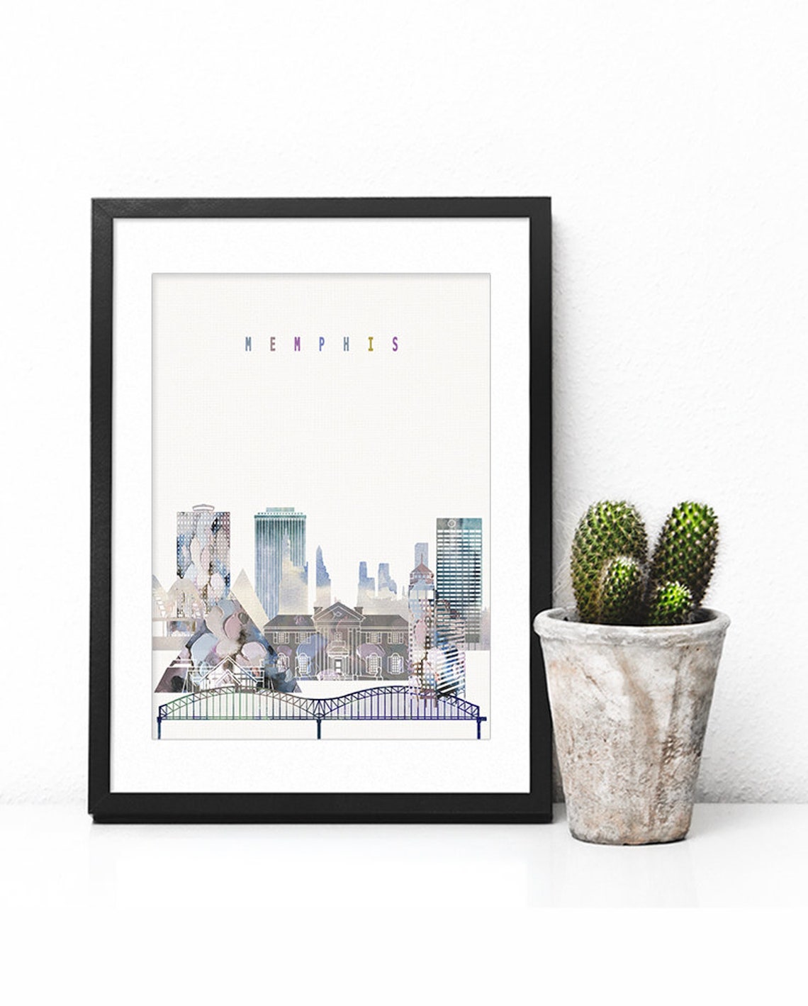 Memphis Skyline Watercolor With Pyramid And Bridge Art Poster - Image 2