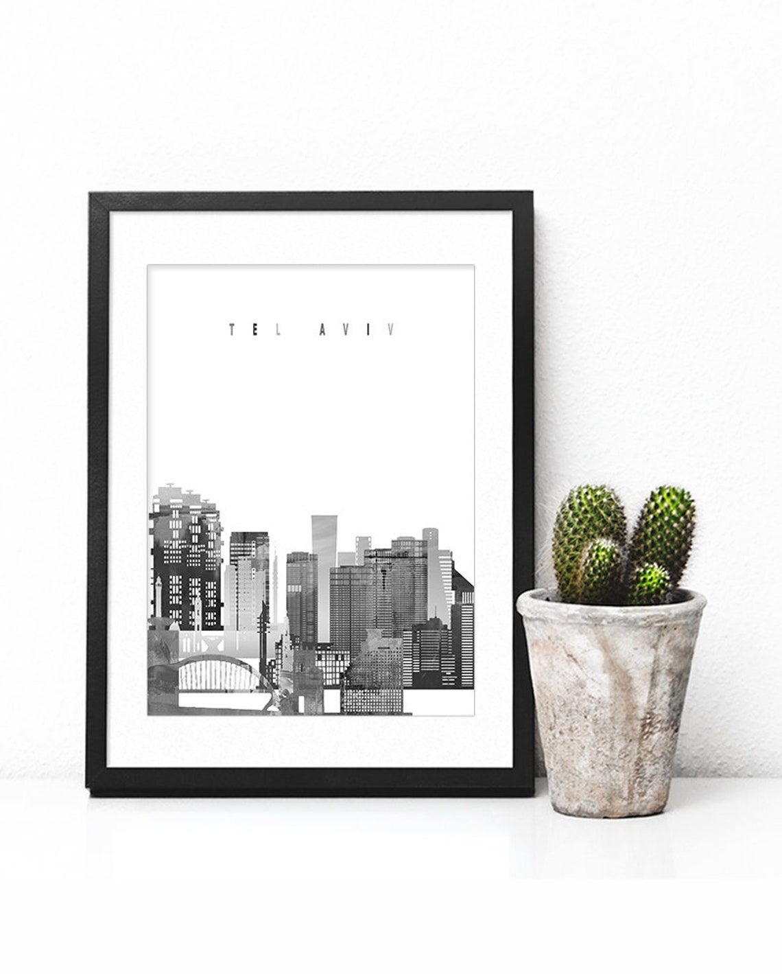 Tel Aviv Israel Black and White Watercolor City Skyline Poster Art - Image 2
