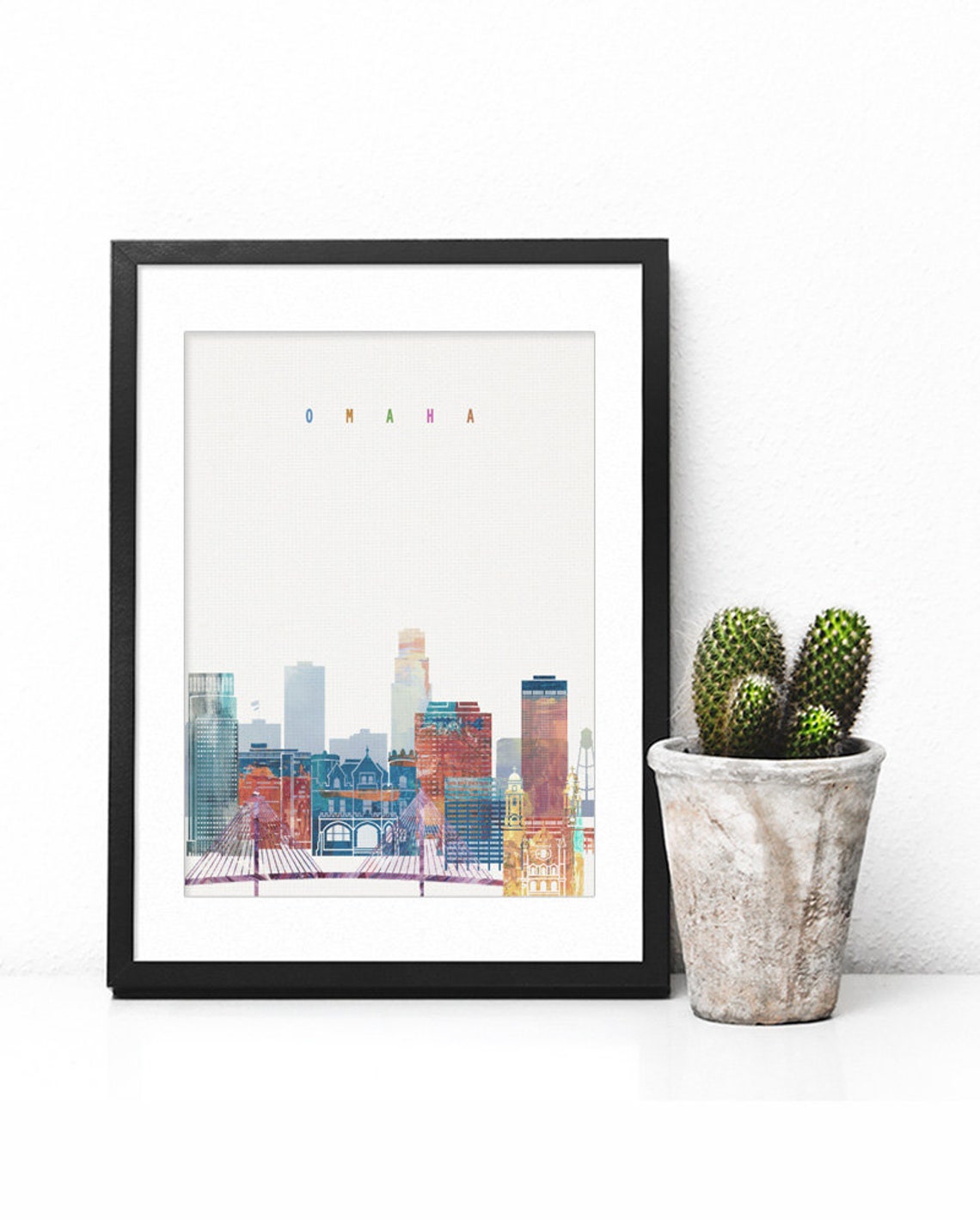 Omaha Nebraska Downtown Bridge Watercolor Skyline Poster Art - Image 2