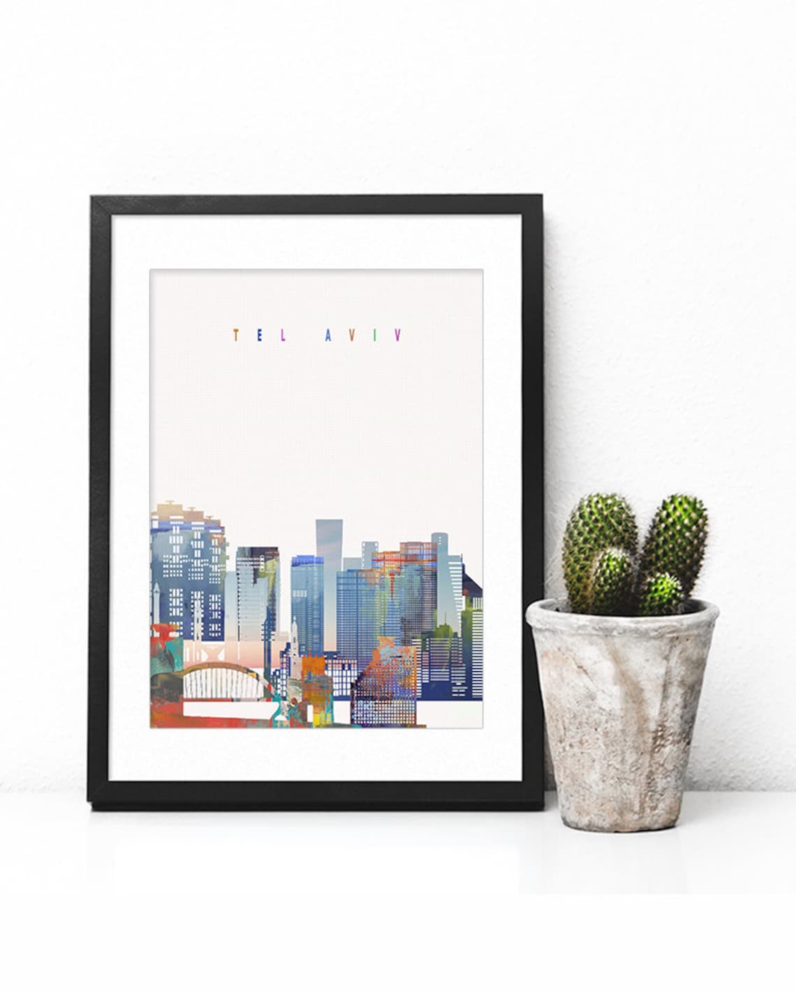 Tel Aviv Israel Colorful Modern Watercolor City Skyline Poster - Image 2