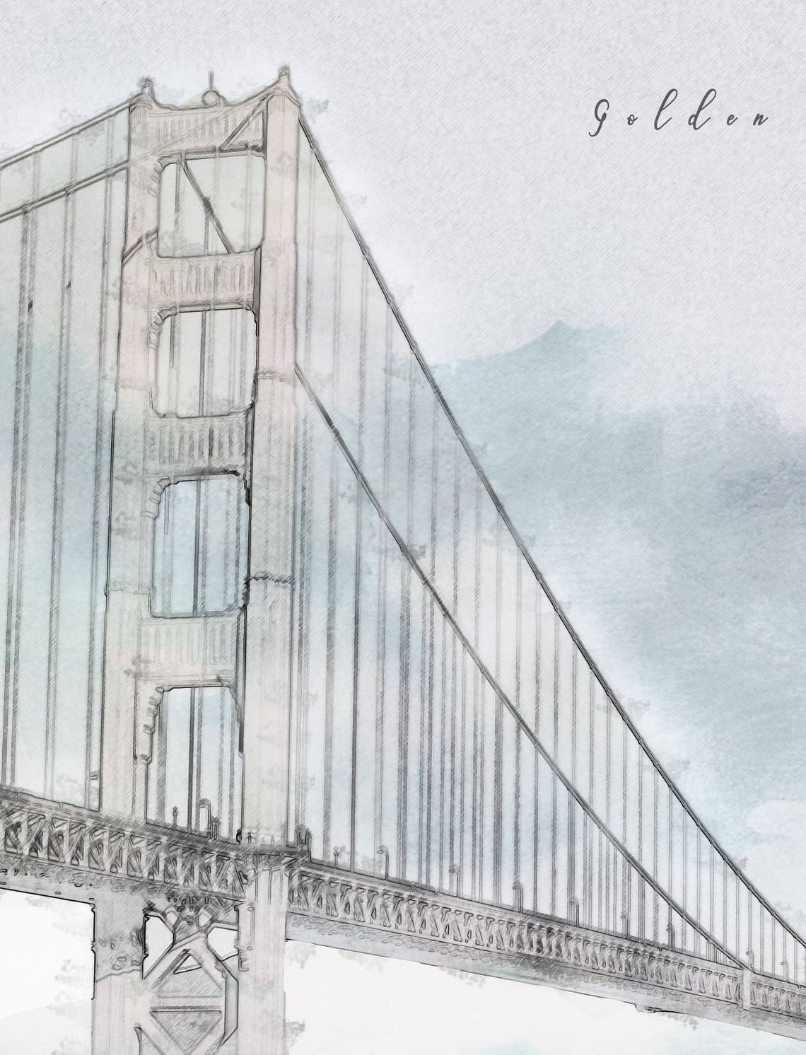 Golden Gate Bridge San Francisco Watercolor Sketch Soft Blue Poster - Image 2