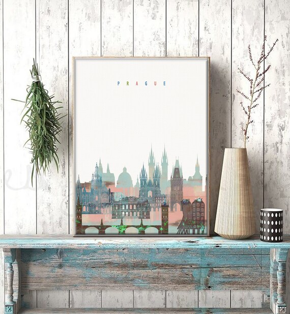 Prague Watercolor Skyline Castle Bridge Historic Old Town Poster