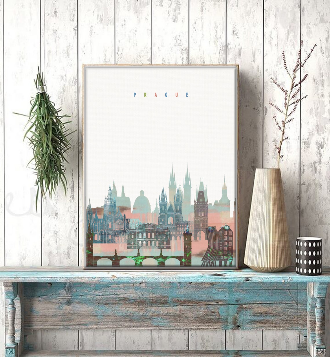 Prague Watercolor Skyline Castle Bridge Historic Old Town Poster