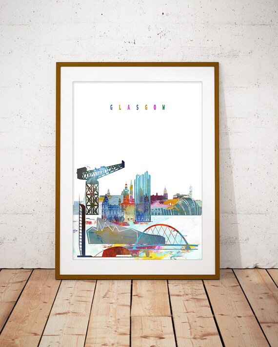 Glasgow Scotland Colorful Watercolor Skyline Art Modern Home Decor Poster